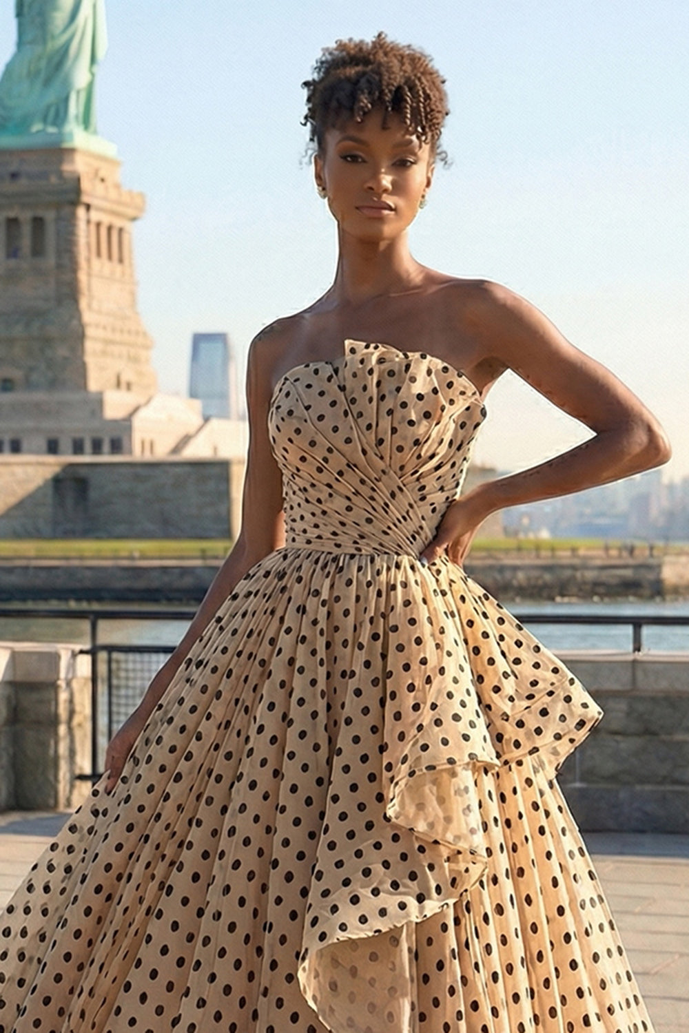 Strapless Apricot Black Dot A Line Ruffled Long Prom Dress