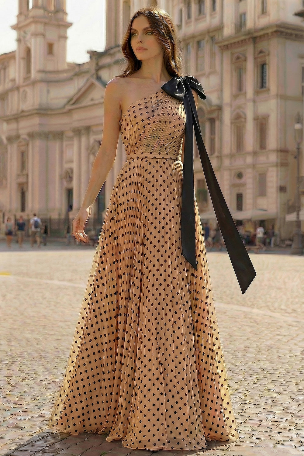 One Shoulder Apricot Black Dot A Line Prinred Long Prom Dress with Bow