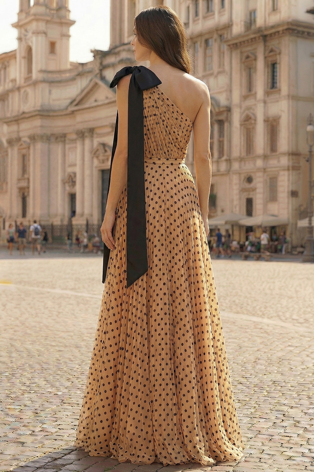 One Shoulder Apricot Black Dot A Line Prinred Long Prom Dress with Bow
