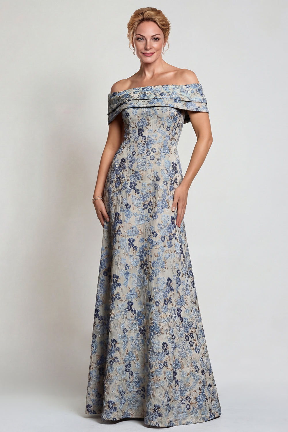 Grey Blue Flower Off the Shoulder A-Line Long Mother of the Bride Dress