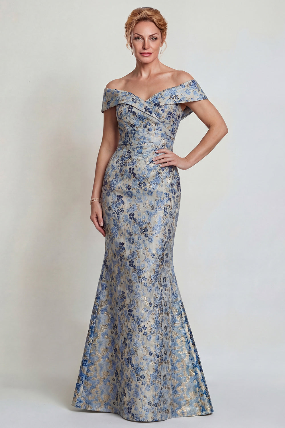 Grey Blue Flower Off the Shoulder Mermaid Long Mother of the Bride Dress