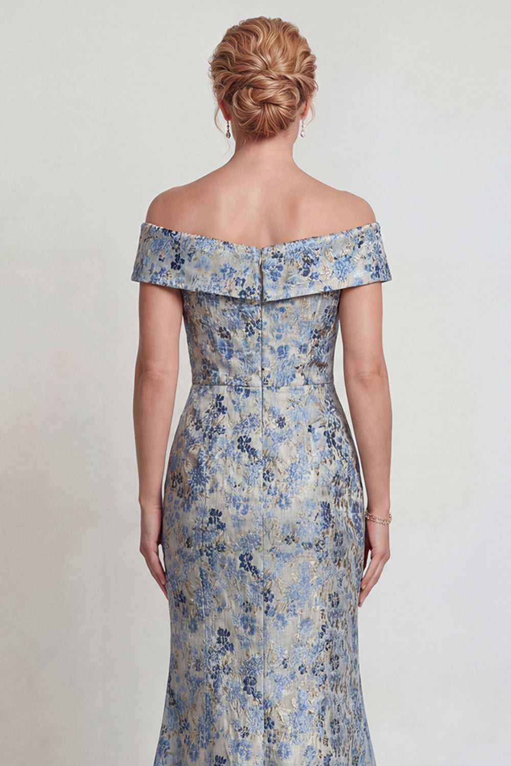 Grey Blue Flower Off the Shoulder Mermaid Long Mother of the Bride Dress
