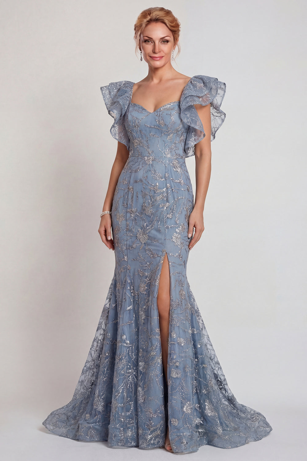 Grey Blue Appliqued Ruffled Sleeve Mermaid Mother of the Bride Dress with Slit