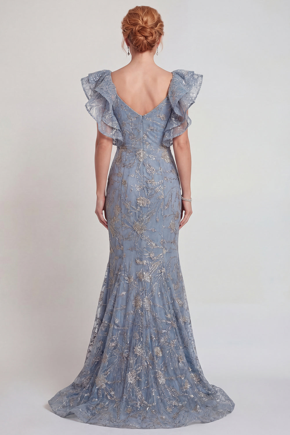Grey Blue Appliqued Ruffled Sleeve Mermaid Mother of the Bride Dress with Slit
