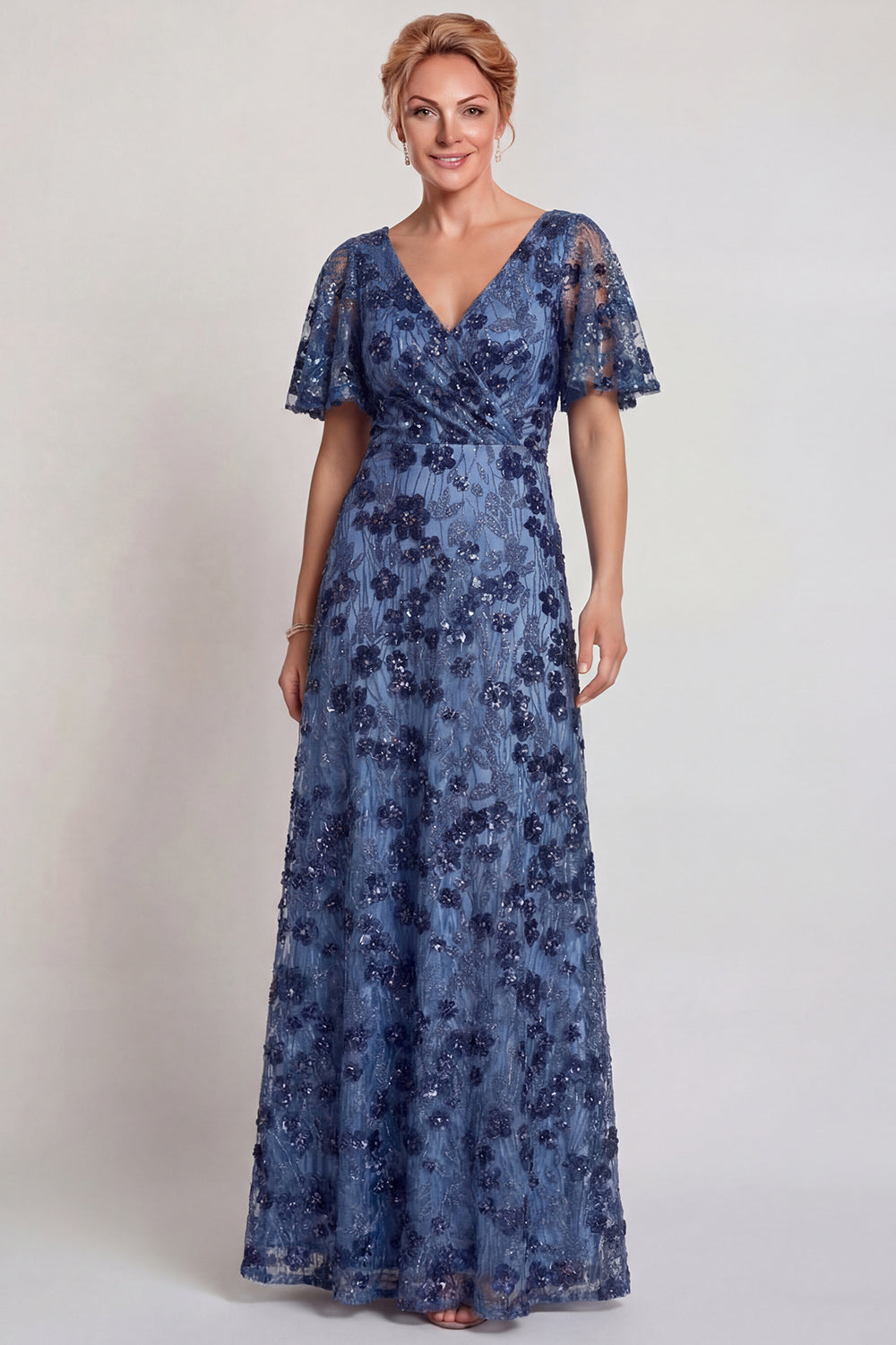 Sparkly Dark Blue Flower V Neck A-Line Long Mother of the Bride Dress with Sleeve