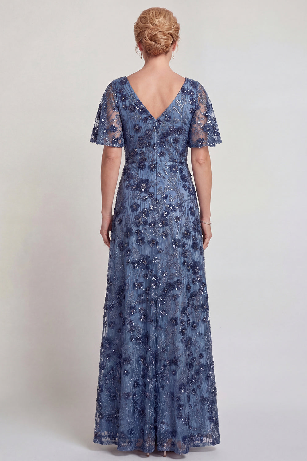 Sparkly Dark Blue Flower V Neck A-Line Long Mother of the Bride Dress with Sleeve