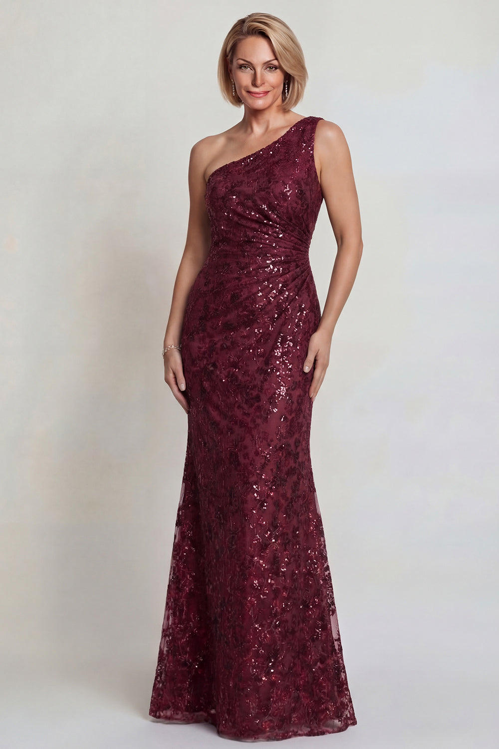 Sparkly Burgundy One Shoulder Mother of the Bride Dress with Sequins