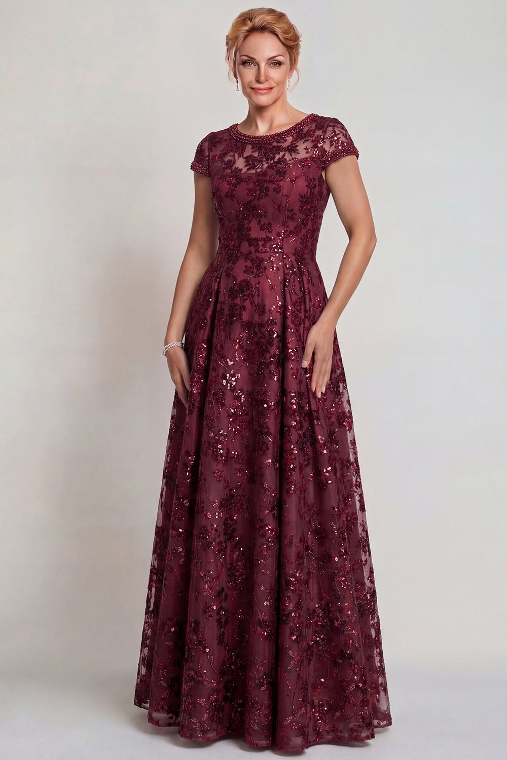 Sparkly Burgundy Appliqued A-Line Mother of the Bride Dress