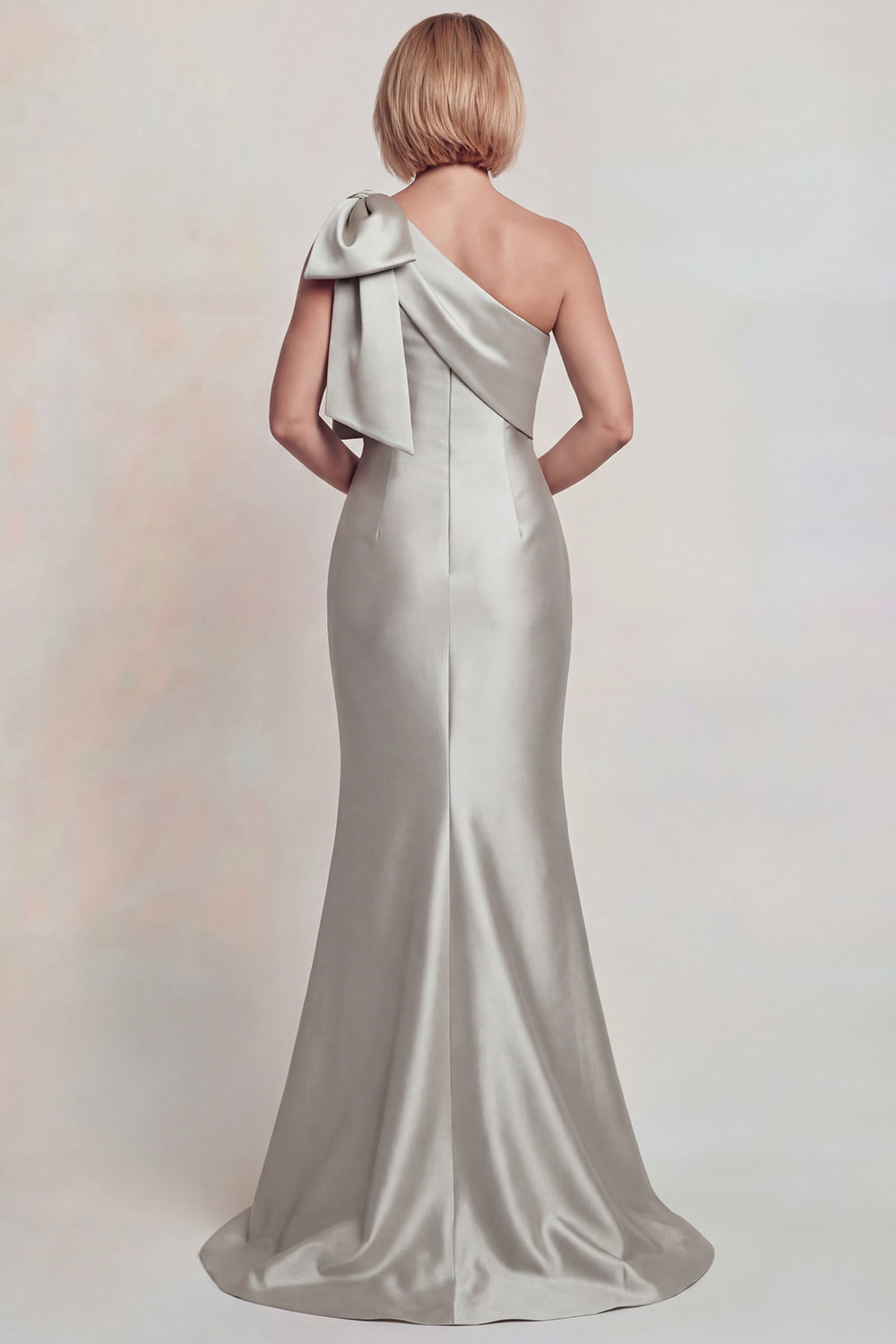 Grey Satin One Shoulder Mermaid Mother of the Bride Dress with Bowknot