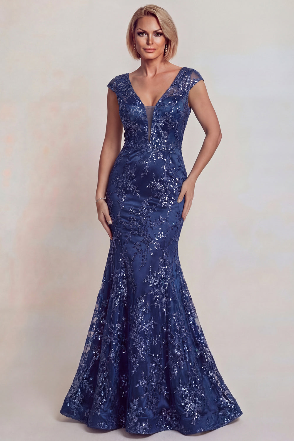 Sparkly Dark Blue Appliqued V Neck Mermaid Mother of the Bride Dress