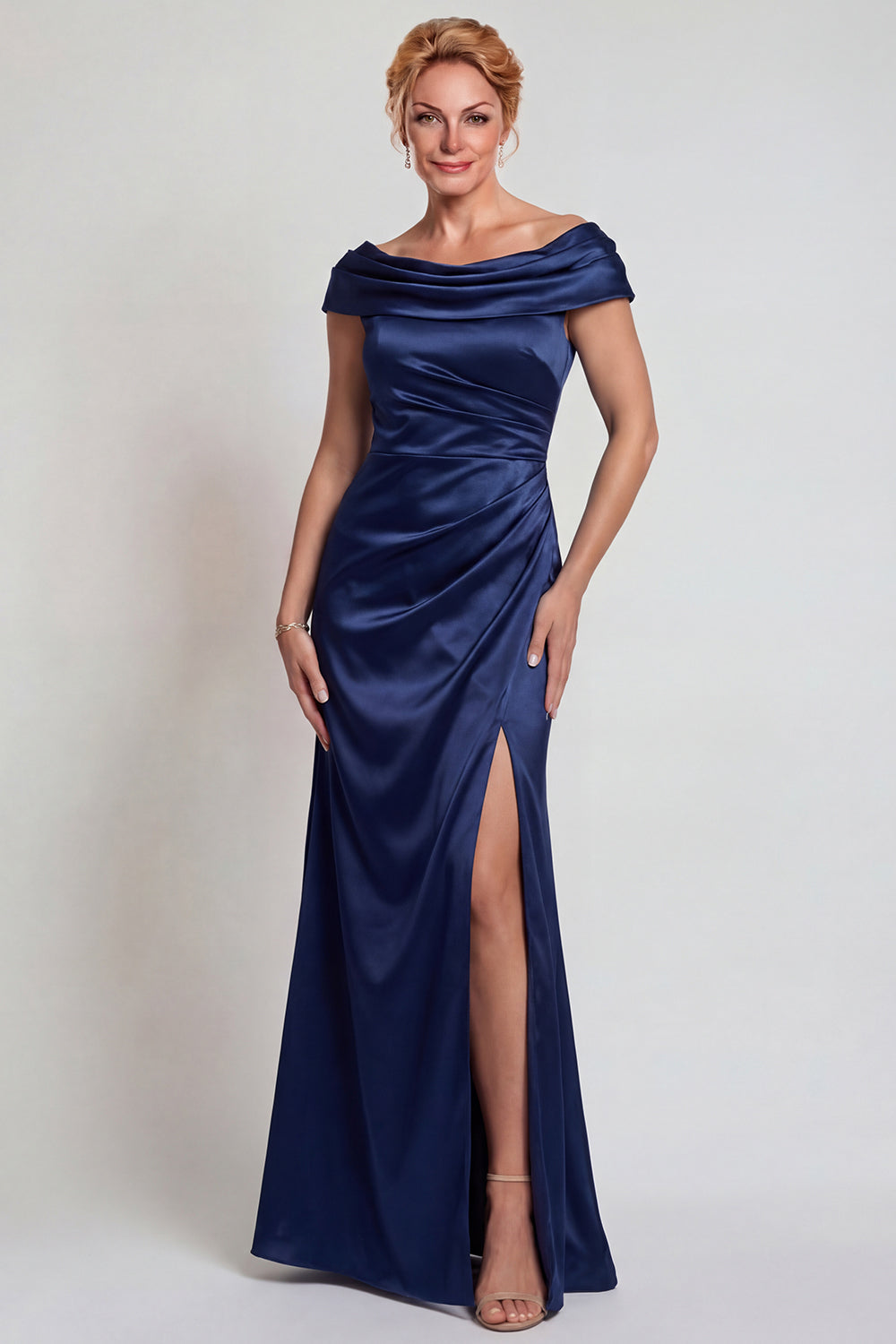 Navy Satin Off-the-Shoulder Sheath Mother of the Bride Dress with Slit