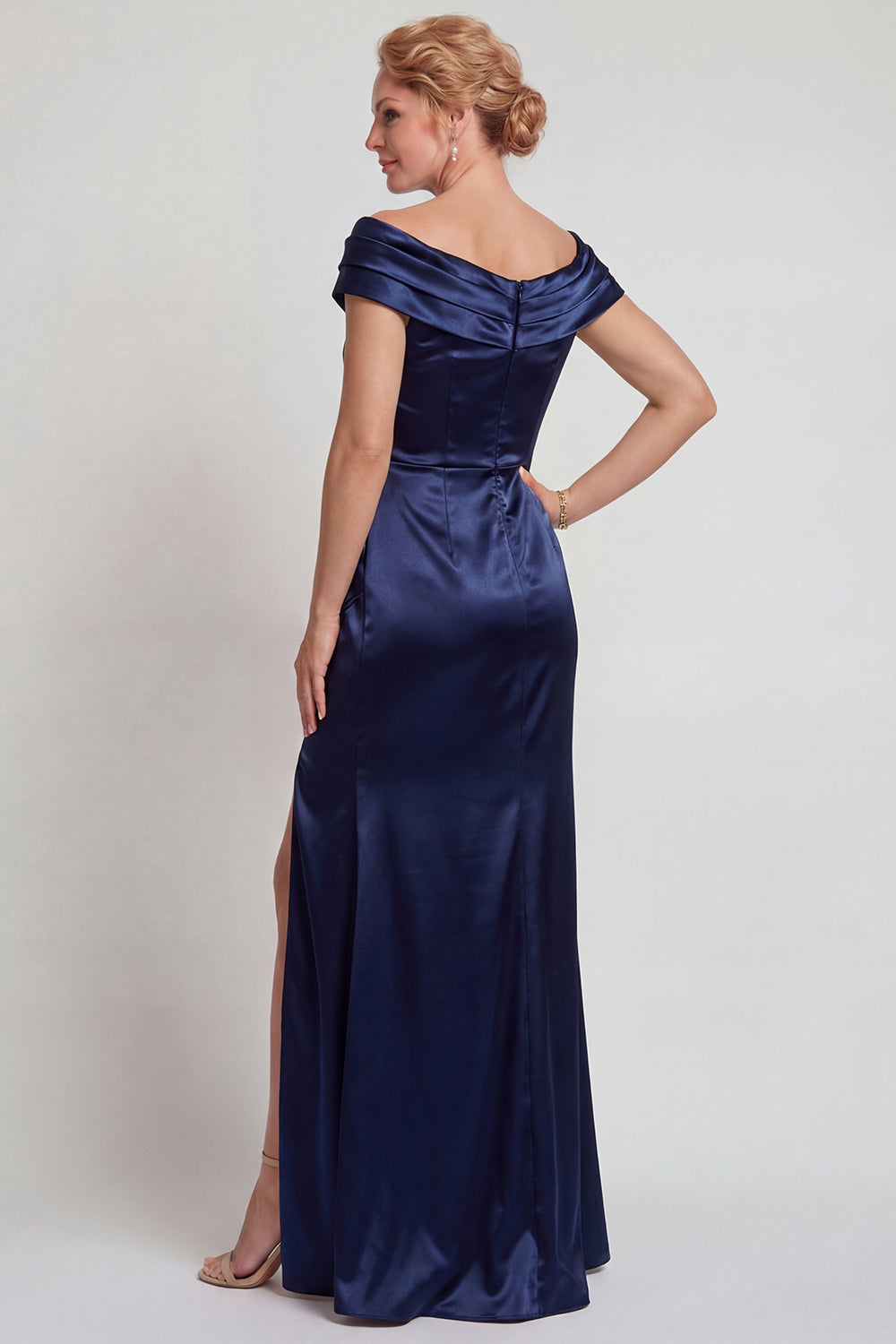 Navy Satin Off-the-Shoulder Sheath Mother of the Bride Dress with Slit