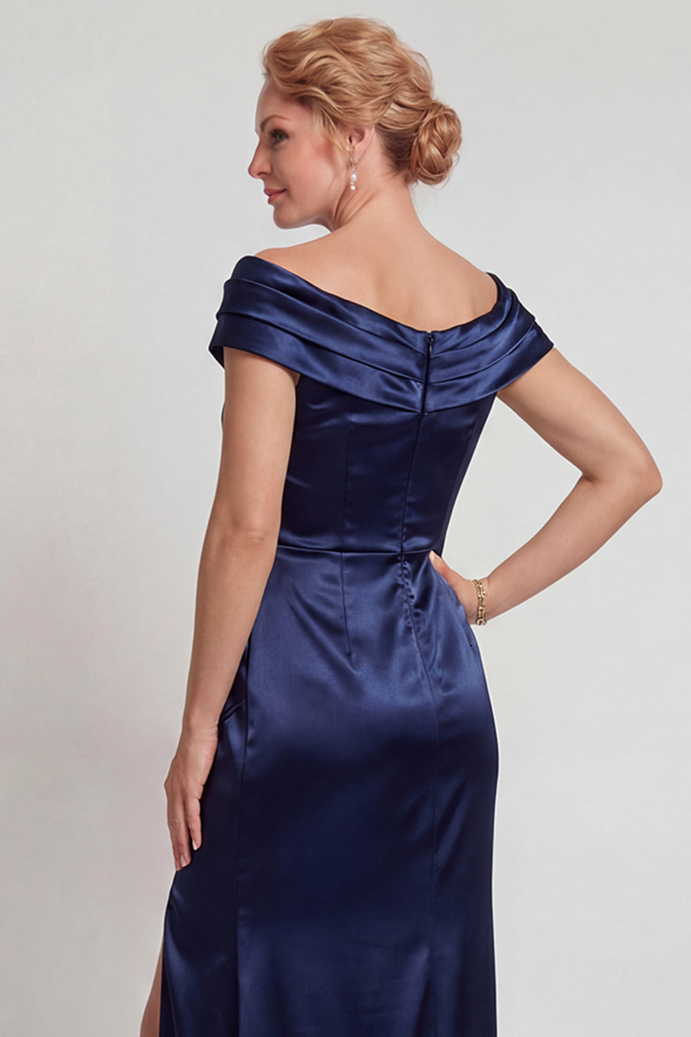 Navy Satin Off-the-Shoulder Sheath Mother of the Bride Dress with Slit
