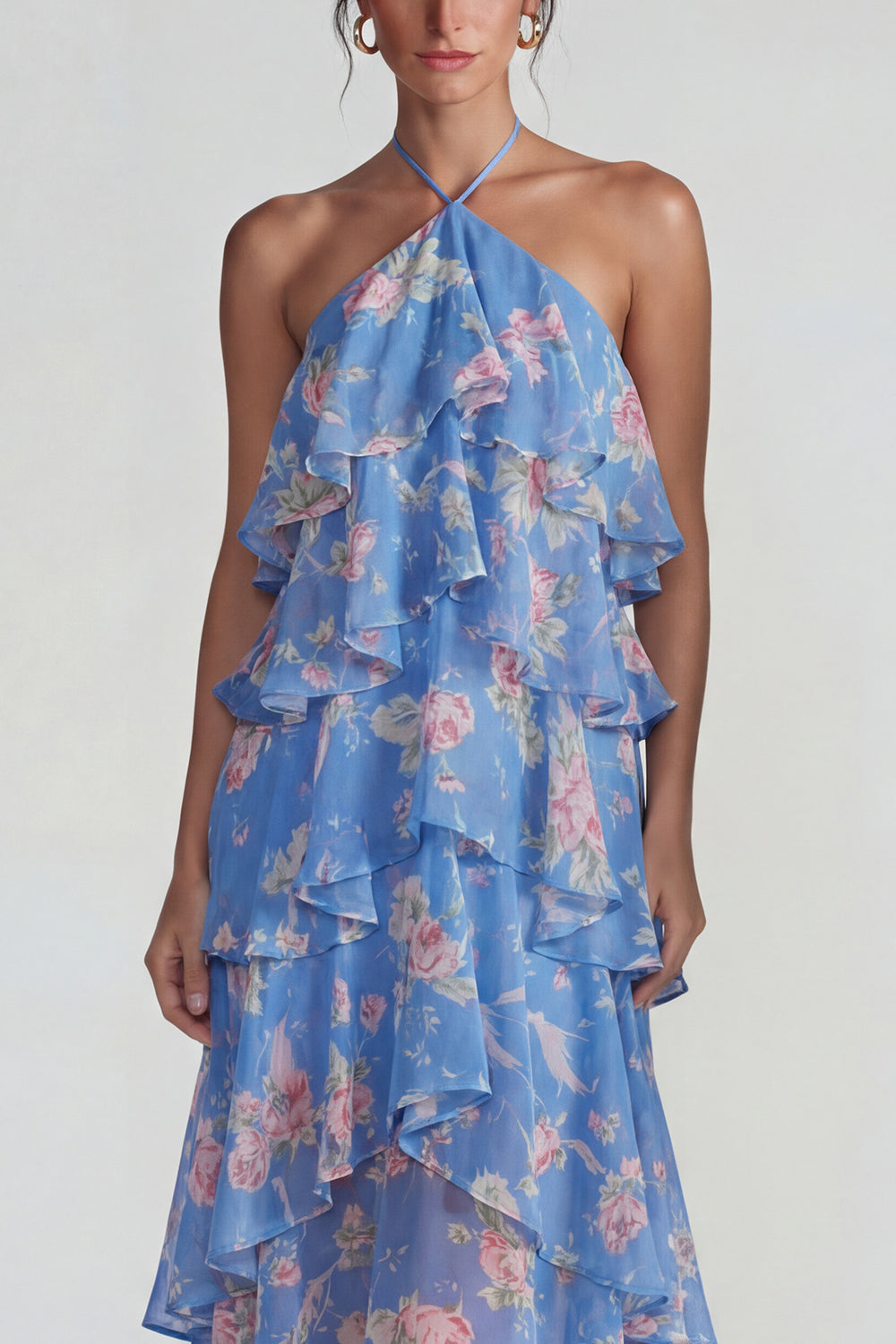 Blue Pink Printed Flower Halter Tiered Chiffon A-Line Midi Dress with Ruffles