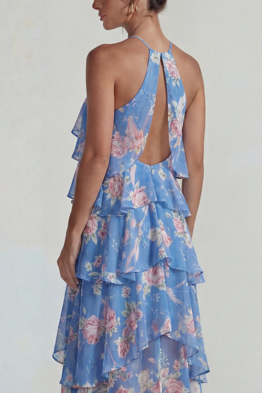 Blue Pink Printed Flower Halter Tiered Chiffon A-Line Midi Dress with Ruffles