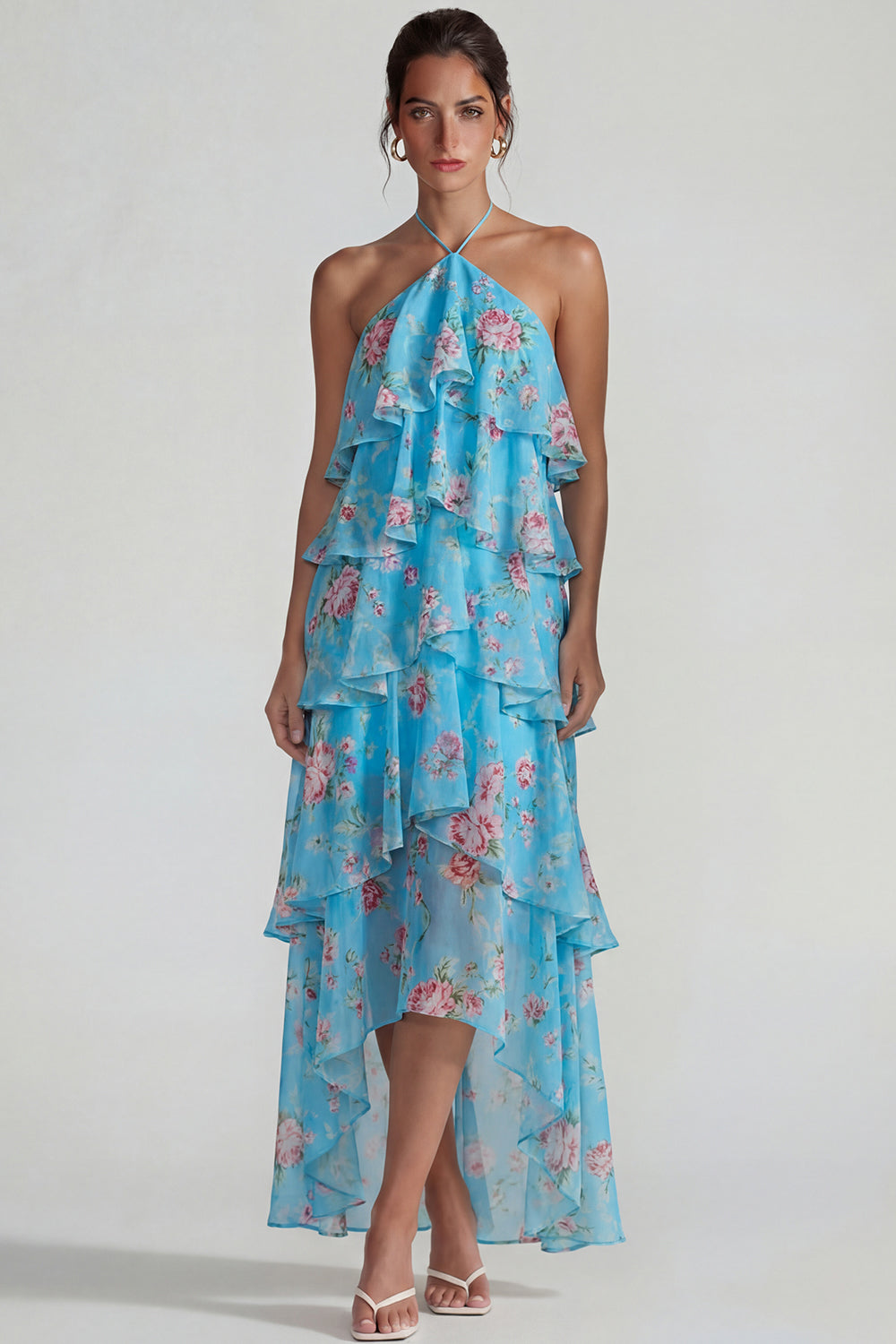 Blue Pink Printed Flower Halter Tiered Chiffon A-Line Midi Dress with Ruffles