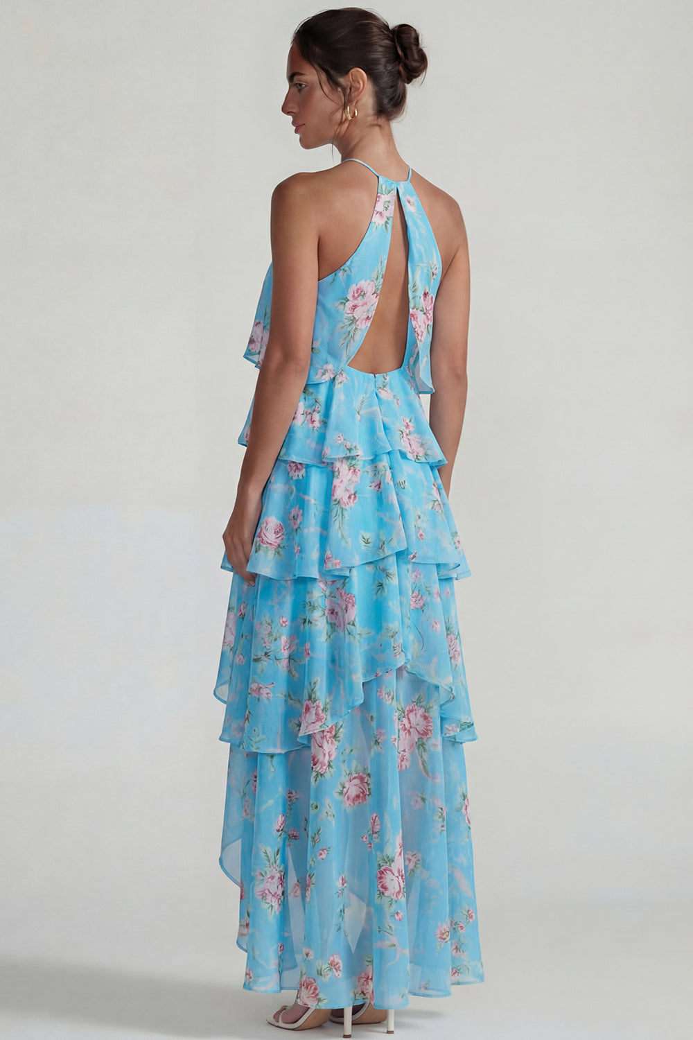Blue Pink Printed Flower Halter Tiered Chiffon A-Line Midi Dress with Ruffles