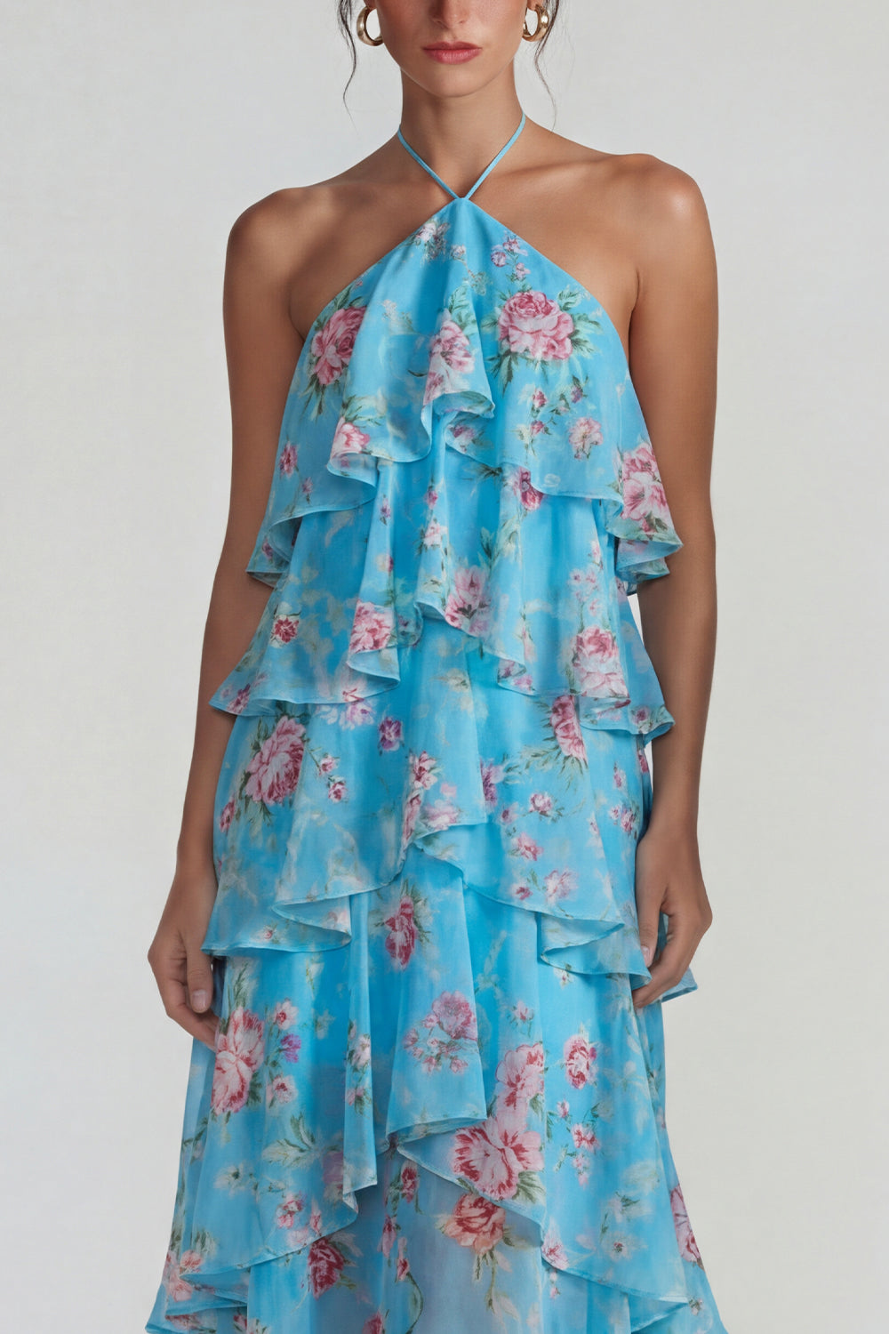 Blue Pink Printed Flower Halter Tiered Chiffon A-Line Midi Dress with Ruffles