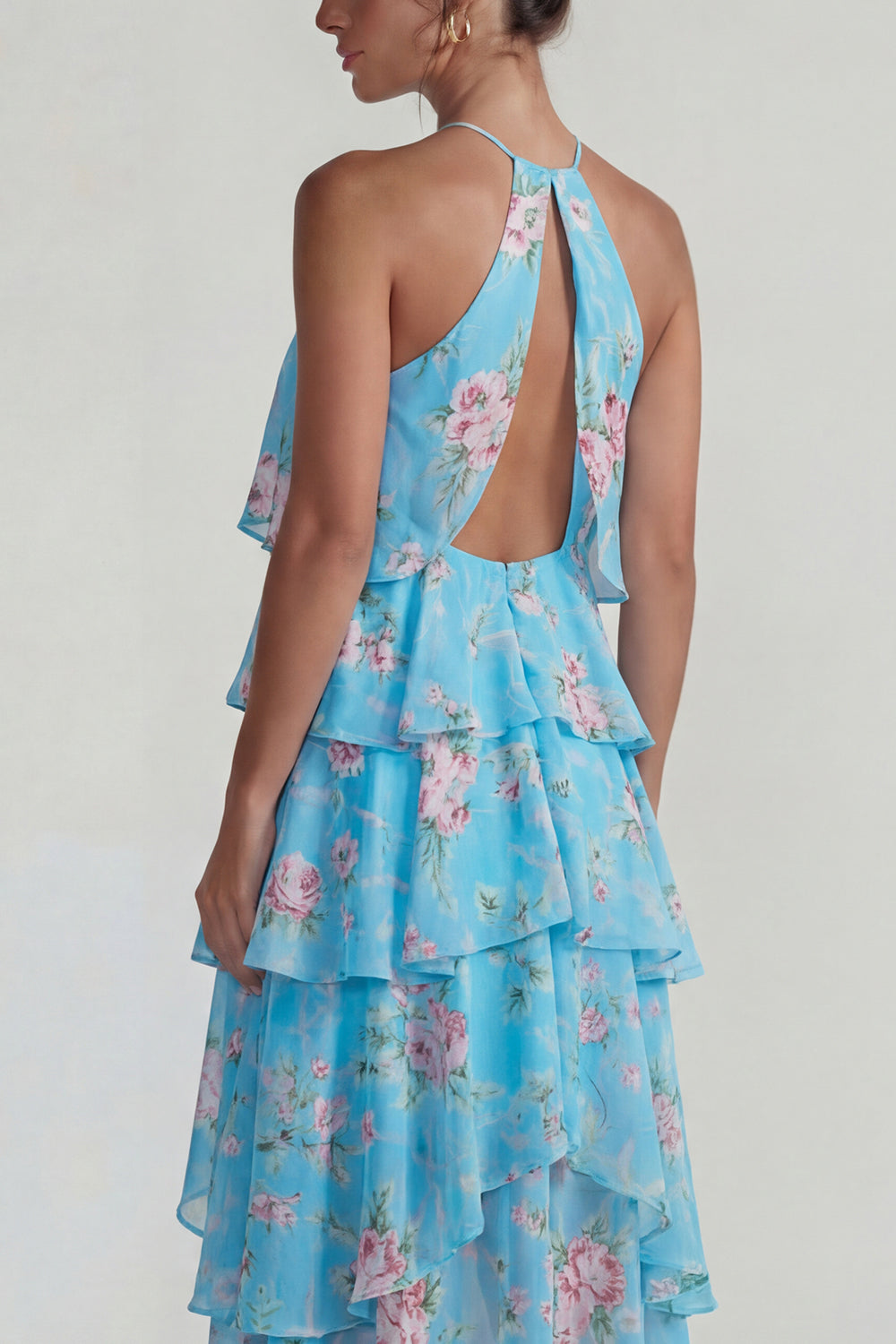 Blue Pink Printed Flower Halter Tiered Chiffon A-Line Midi Dress with Ruffles