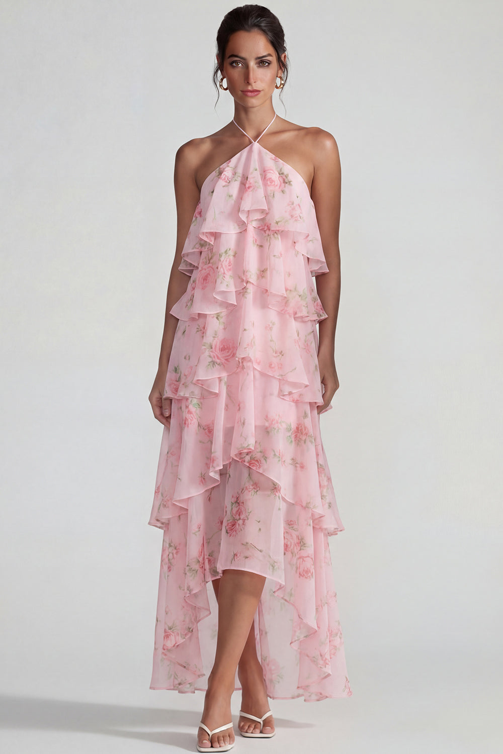 Blue Pink Printed Flower Halter Tiered Chiffon A-Line Midi Dress with Ruffles