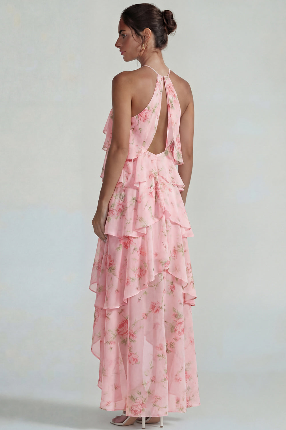 Blue Pink Printed Flower Halter Tiered Chiffon A-Line Midi Dress with Ruffles