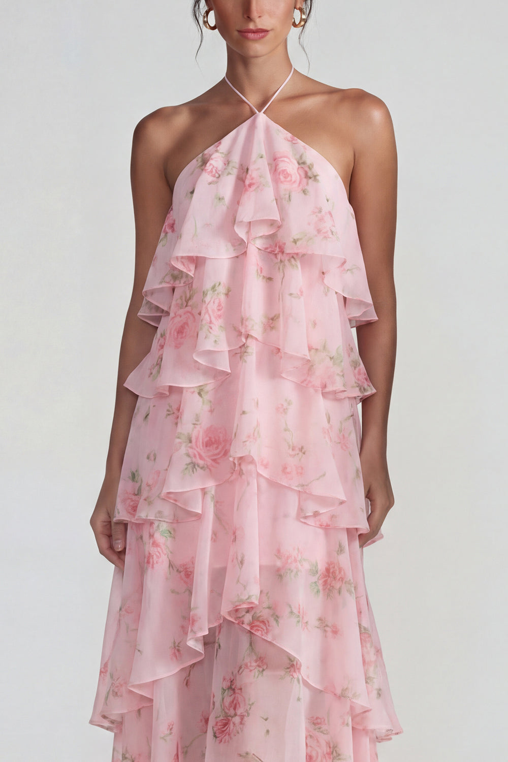 Blue Pink Printed Flower Halter Tiered Chiffon A-Line Midi Dress with Ruffles