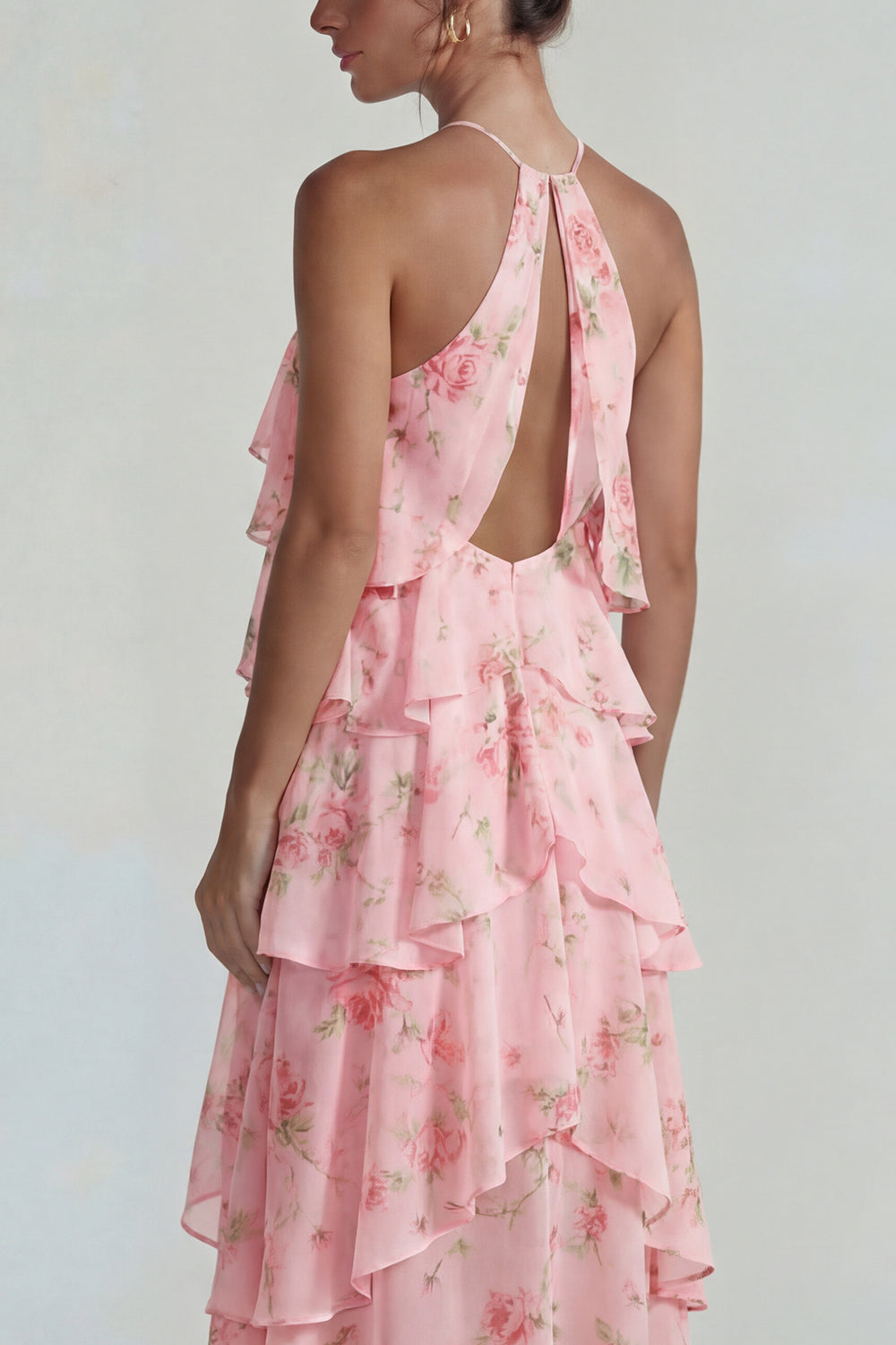 Blue Pink Printed Flower Halter Tiered Chiffon A-Line Midi Dress with Ruffles
