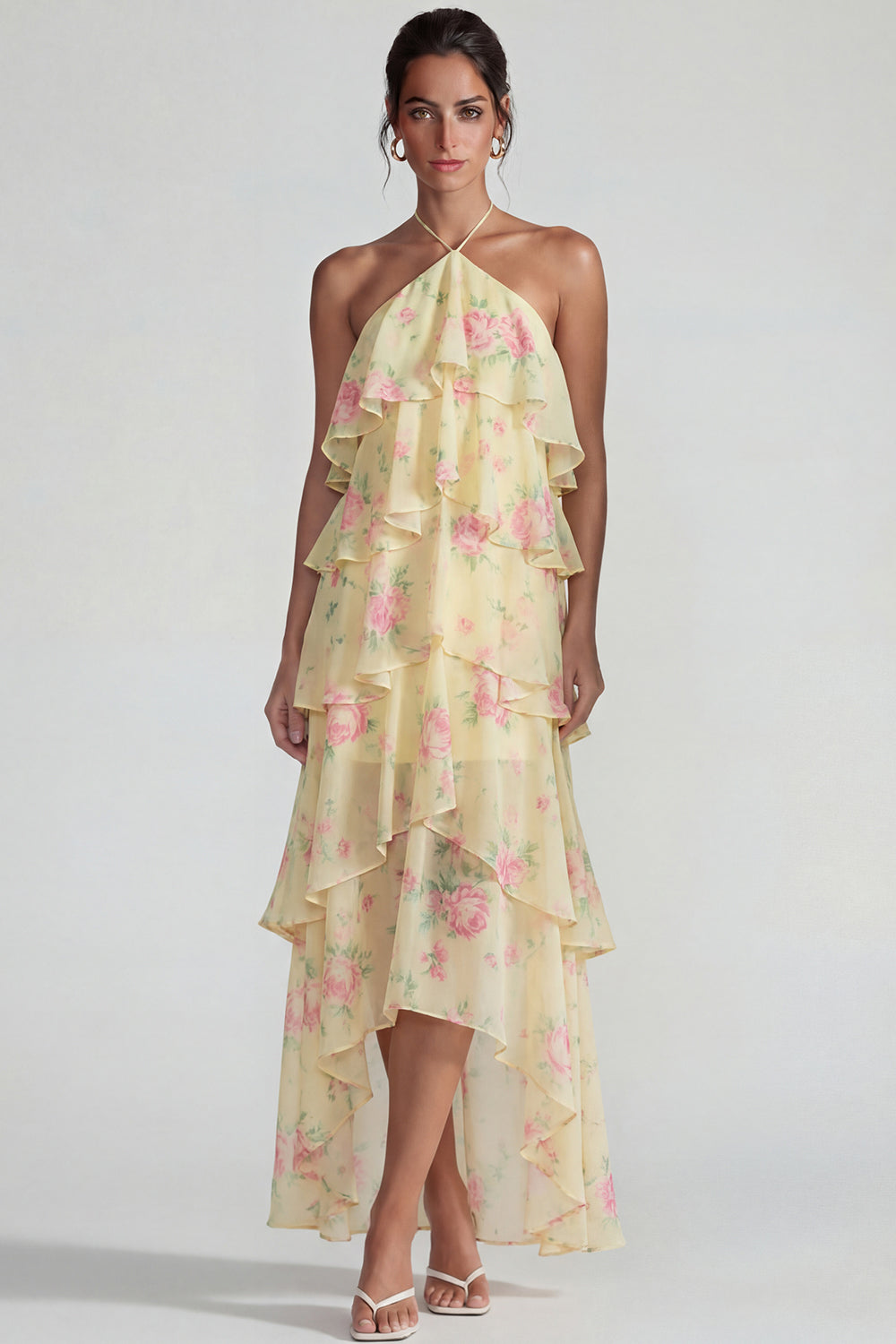 Blue Pink Printed Flower Halter Tiered Chiffon A-Line Midi Dress with Ruffles