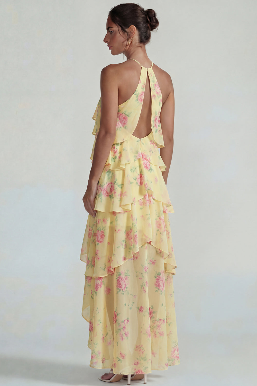 Blue Pink Printed Flower Halter Tiered Chiffon A-Line Midi Dress with Ruffles