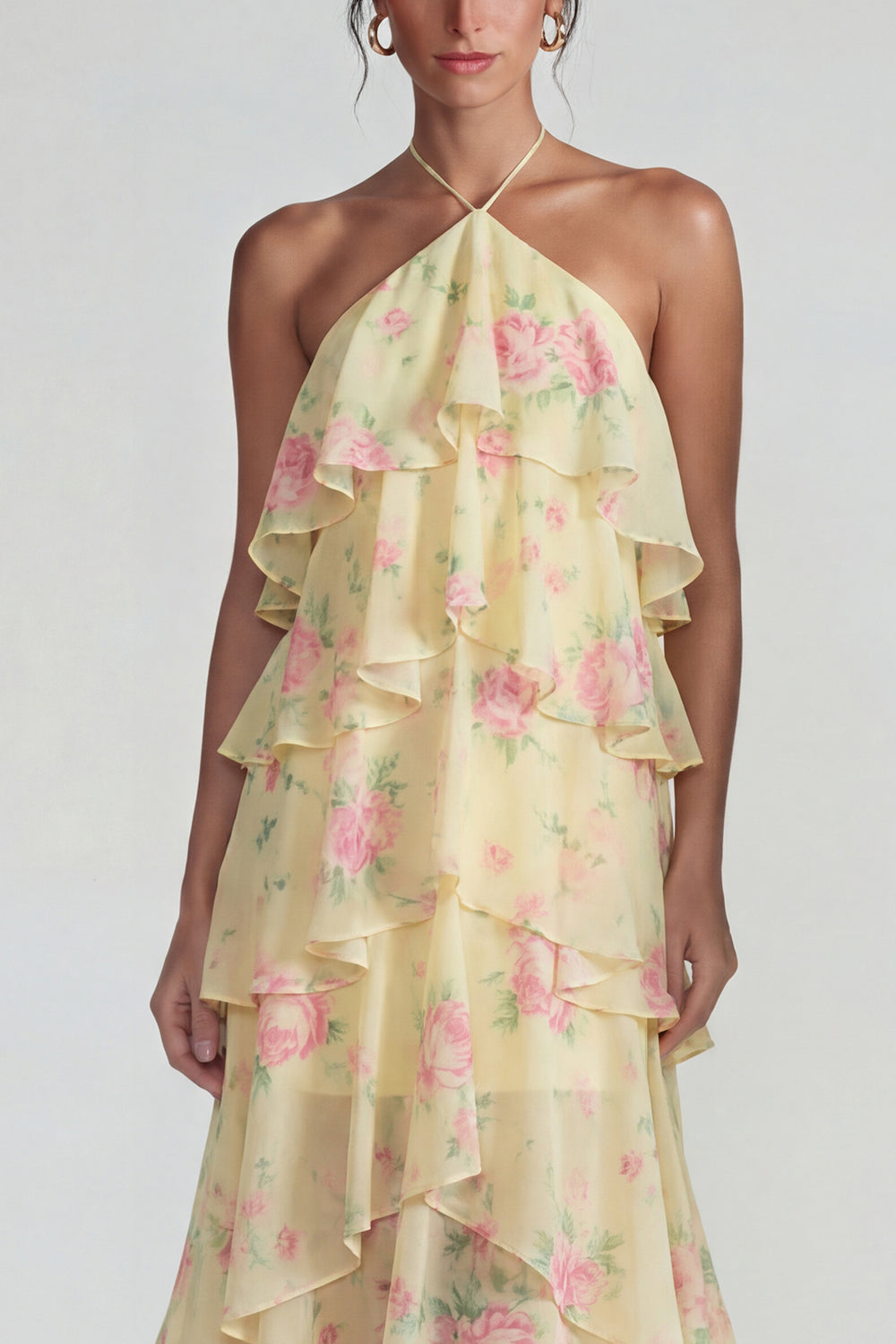 Blue Pink Printed Flower Halter Tiered Chiffon A-Line Midi Dress with Ruffles