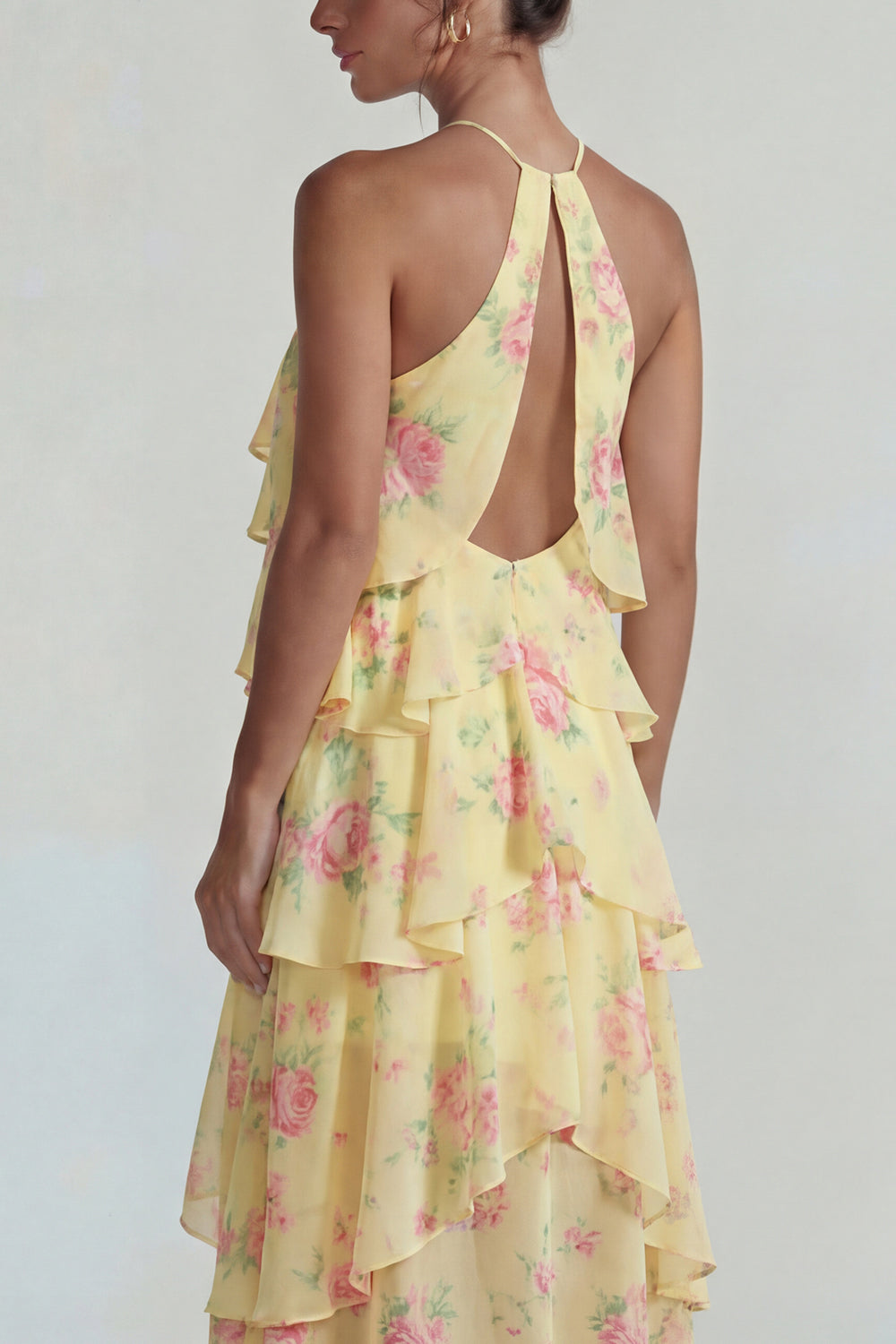 Blue Pink Printed Flower Halter Tiered Chiffon A-Line Midi Dress with Ruffles