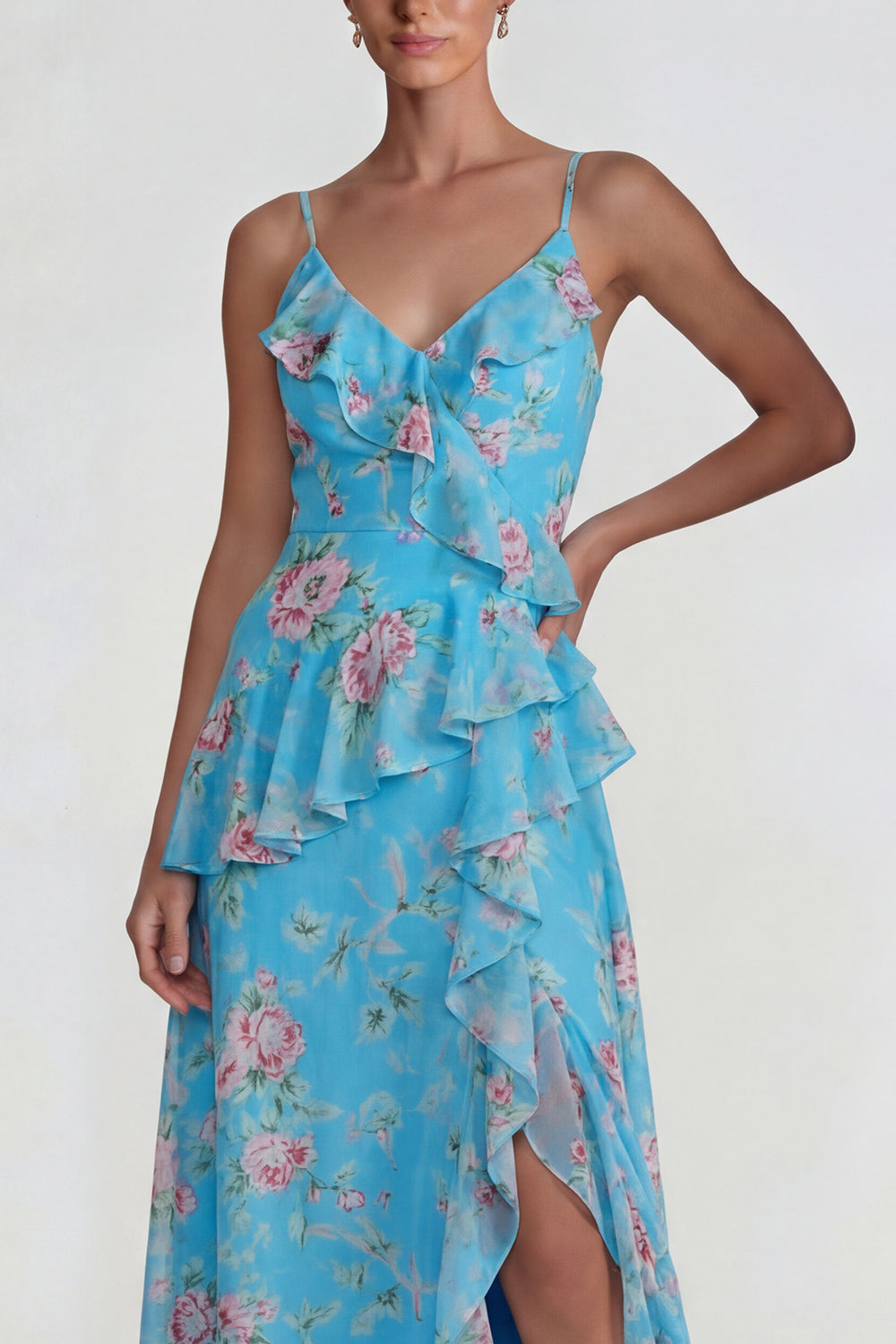 Blue Ruffled Pink Floral Chiffon A Line Midi Dress with Slit