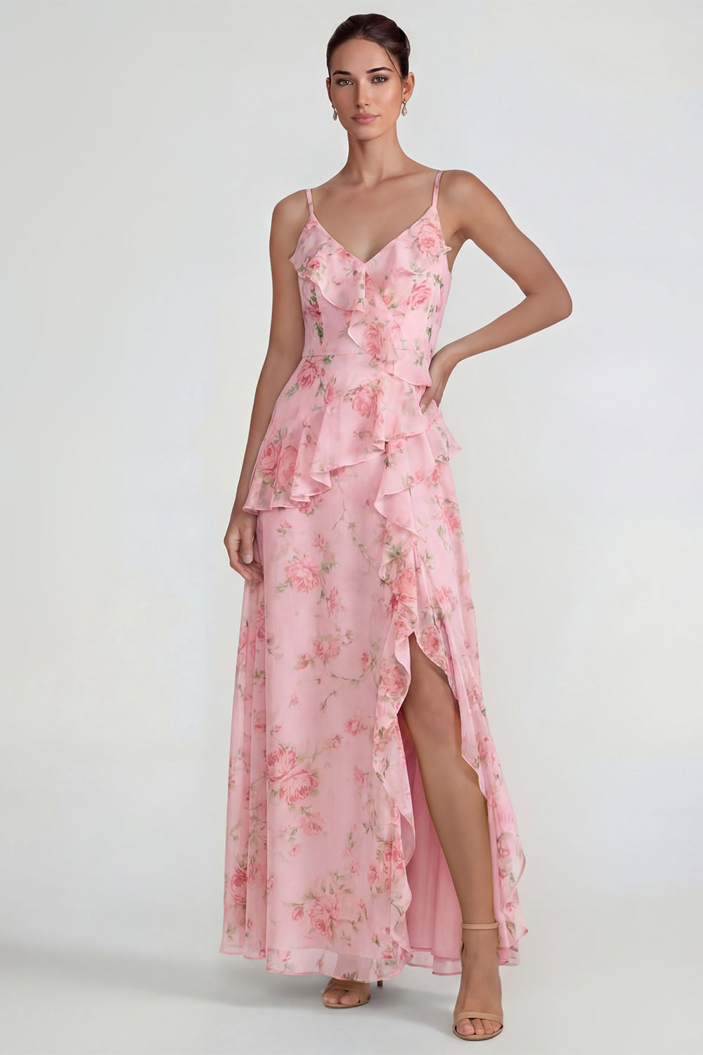 Blue Ruffled Pink Floral Chiffon A Line Midi Dress with Slit
