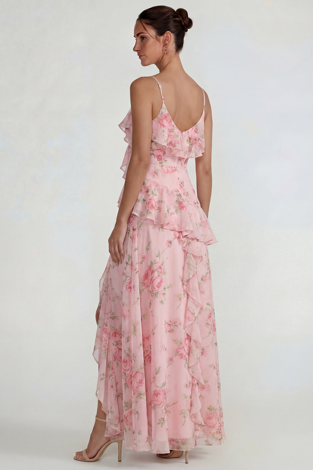 Blue Ruffled Pink Floral Chiffon A Line Midi Dress with Slit