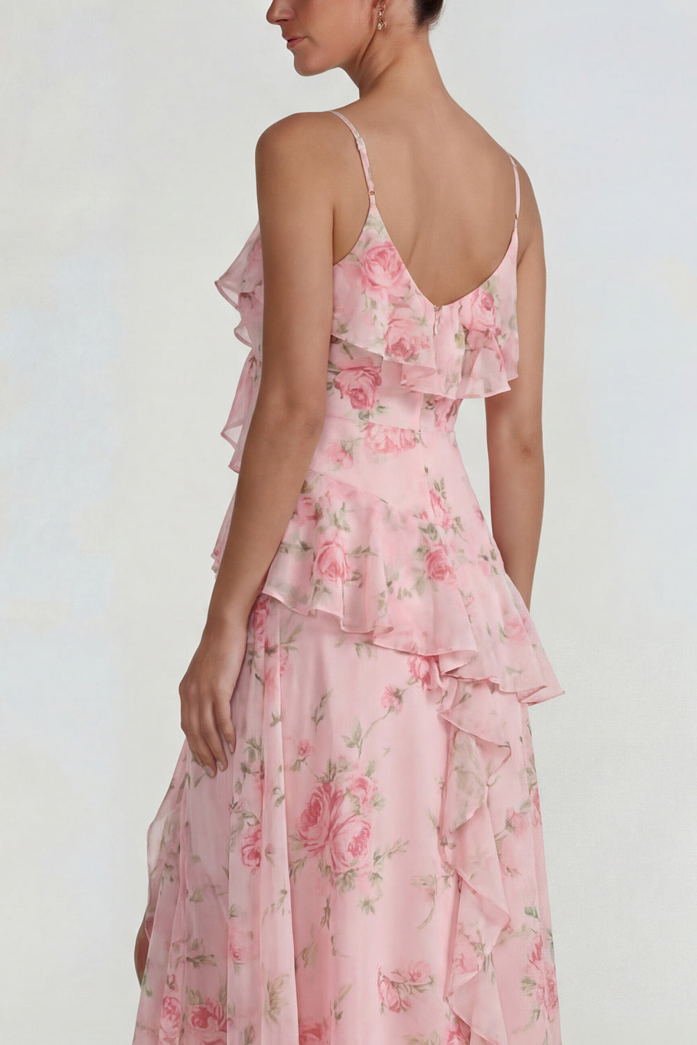 Blue Ruffled Pink Floral Chiffon A Line Midi Dress with Slit