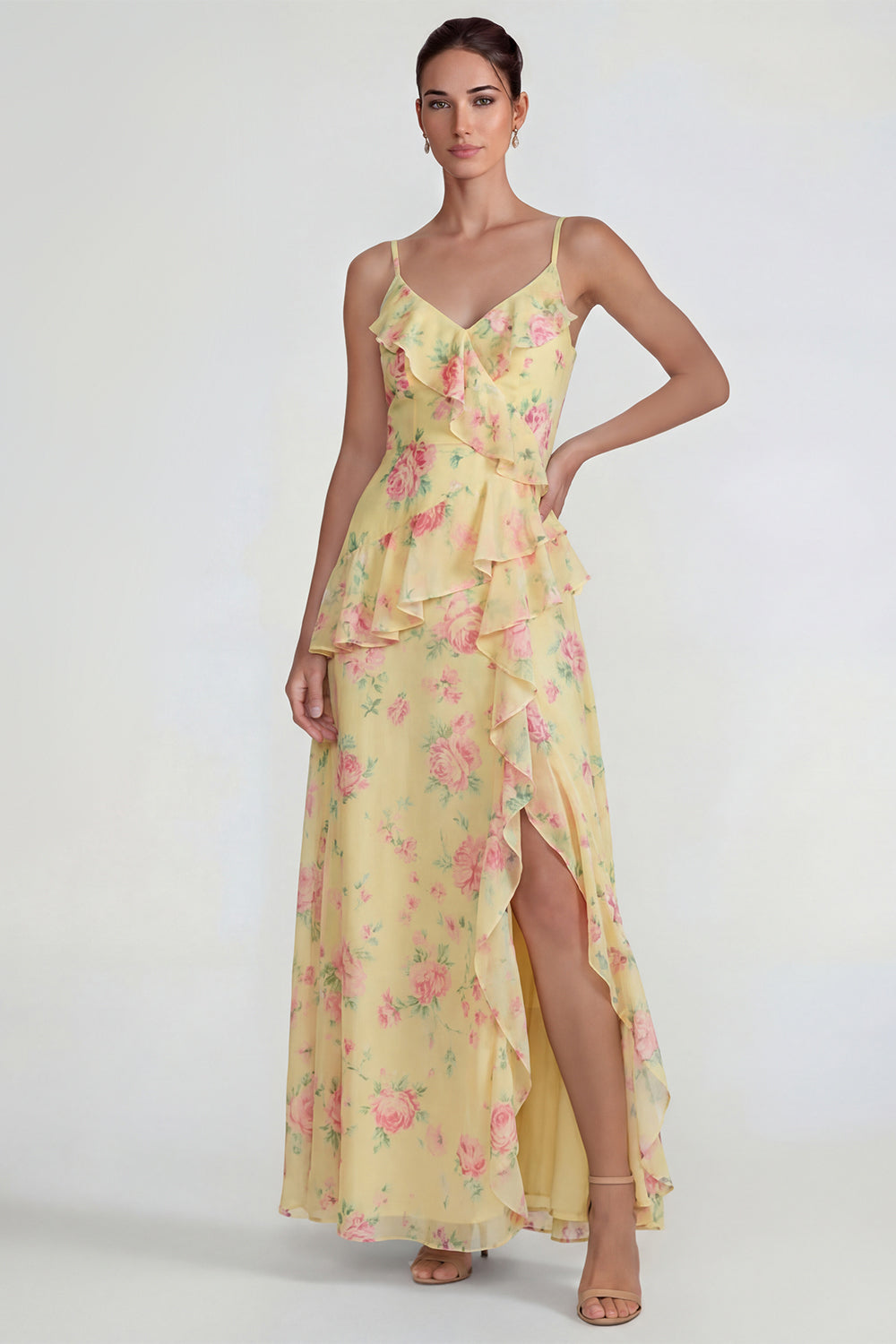 Blue Ruffled Pink Floral Chiffon A Line Midi Dress with Slit