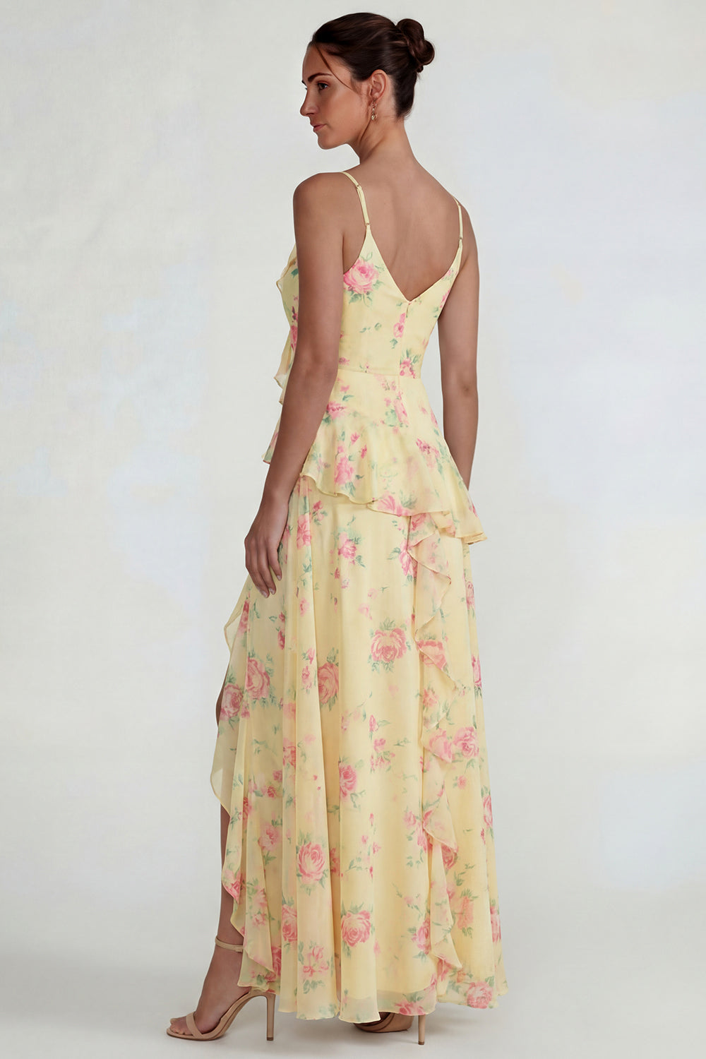 Blue Ruffled Pink Floral Chiffon A Line Midi Dress with Slit