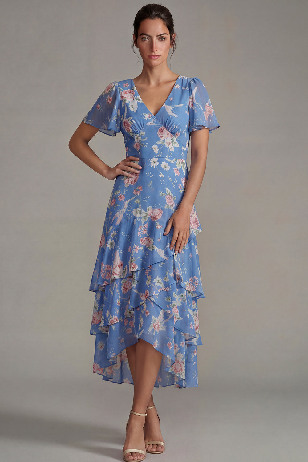 Blue V Neck Pink Floral Chiffon Ruffled A Line Midi Dress with Short Sleeves