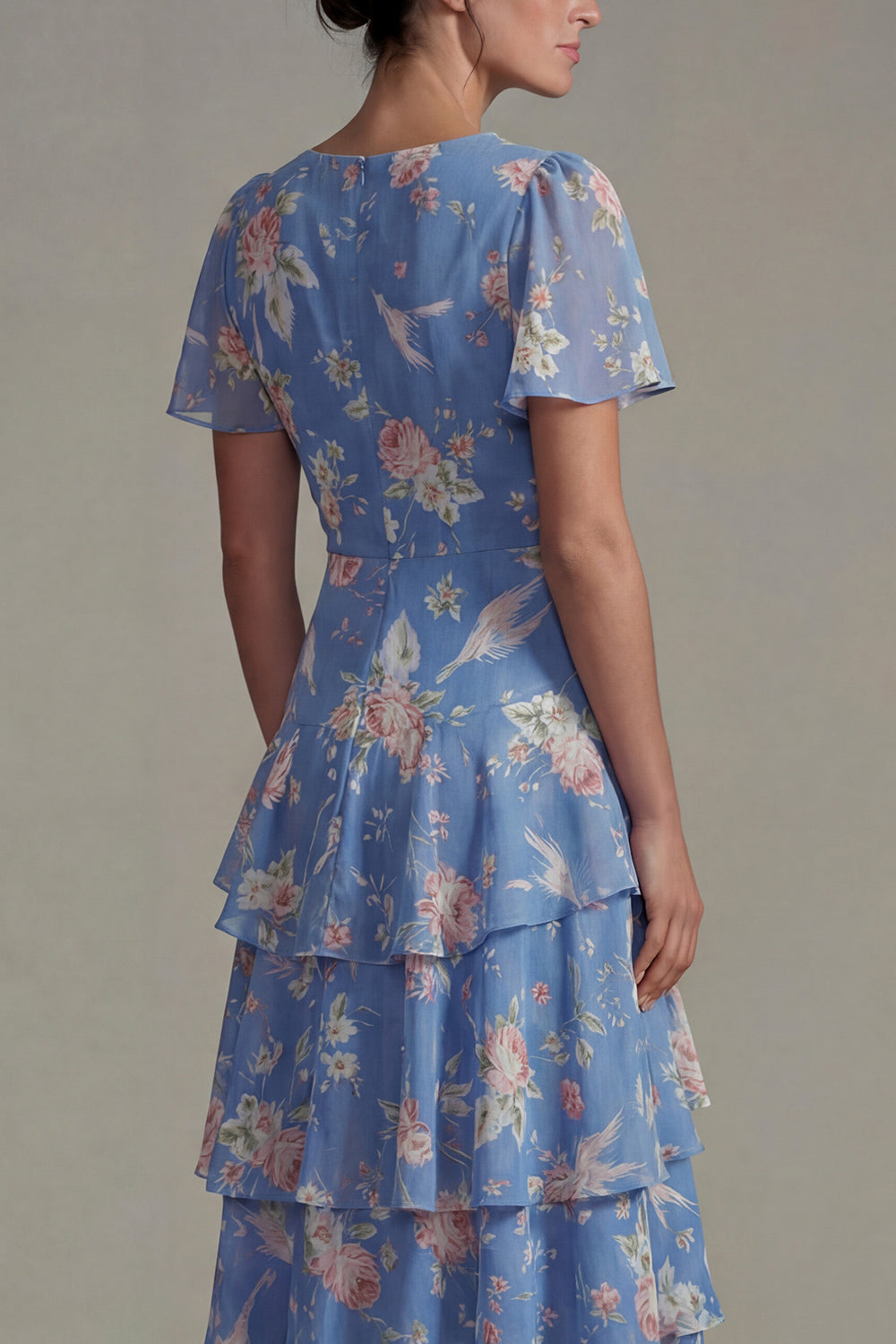 Blue V Neck Pink Floral Chiffon Ruffled A Line Midi Dress with Short Sleeves