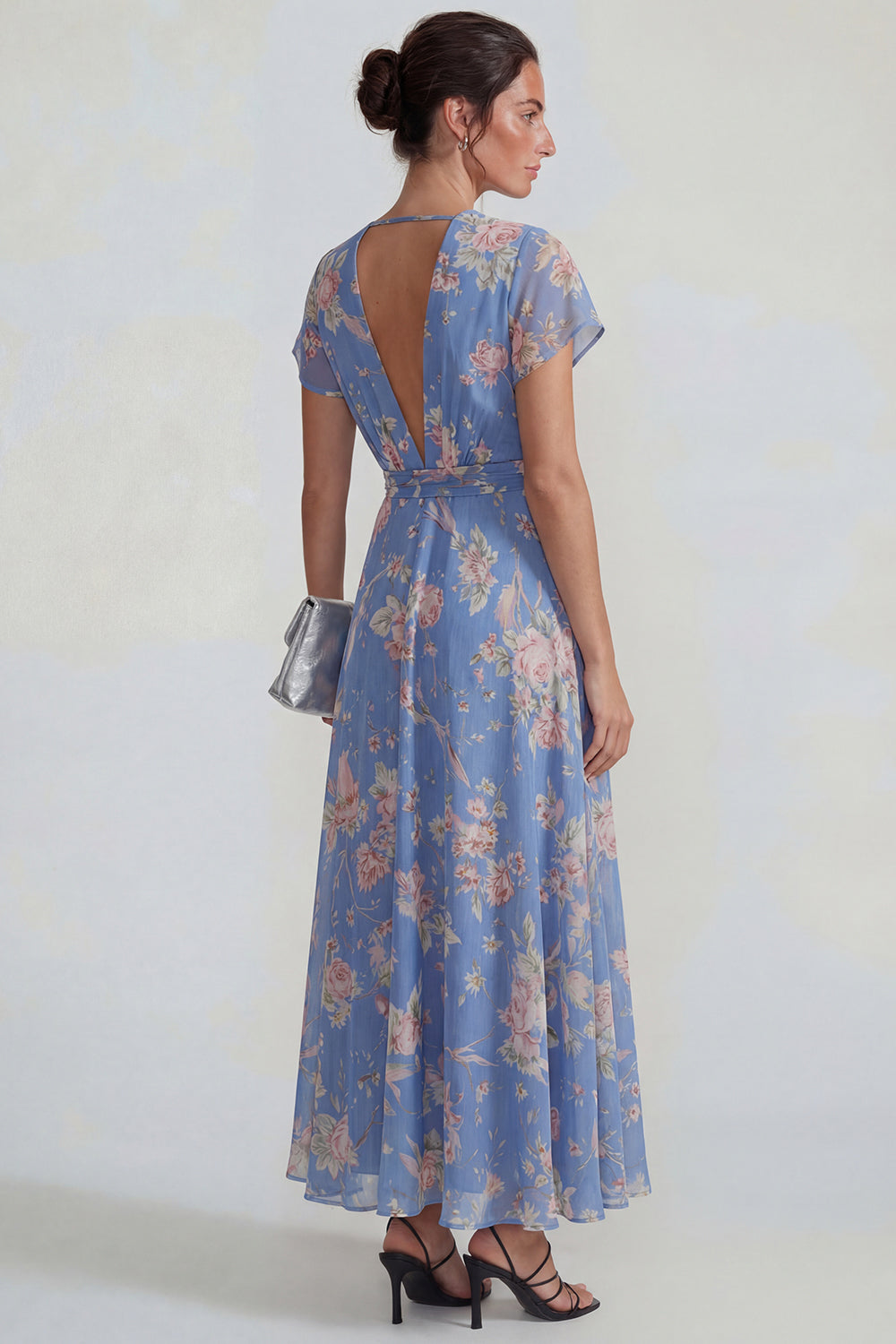 Blue Deep V Neck Pink Floral Chiffon A Line Midi Dress with Bowknot