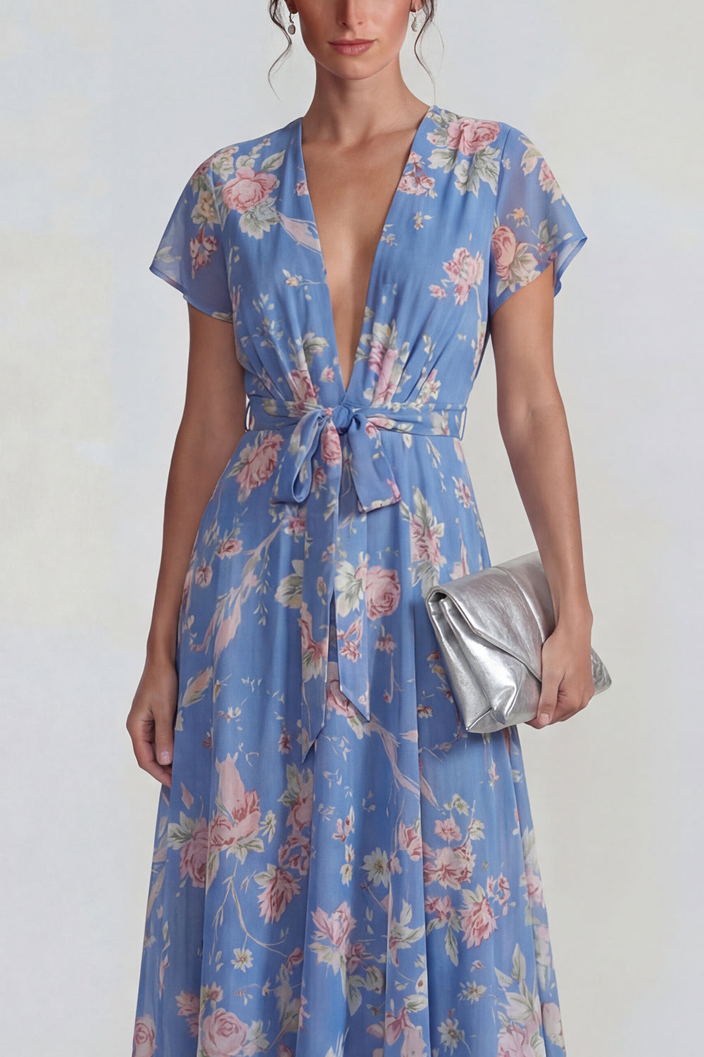 Blue Deep V Neck Pink Floral Chiffon A Line Midi Dress with Bowknot