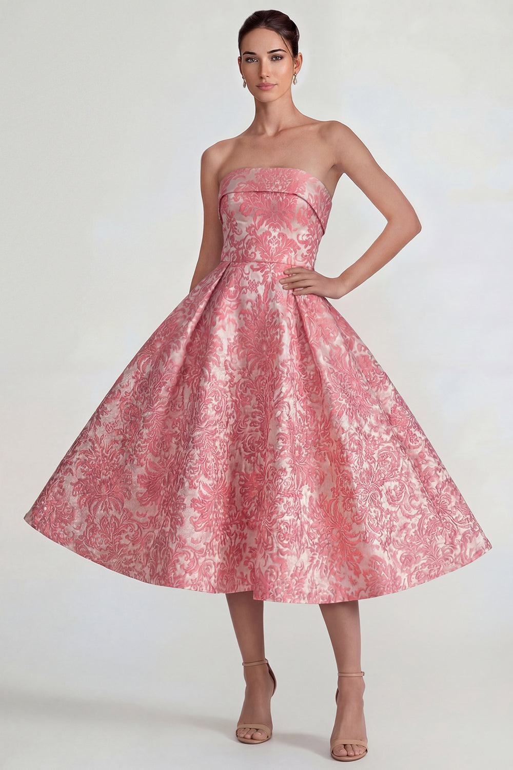 Blush Jacquard Strapless A-Line Midi Dress