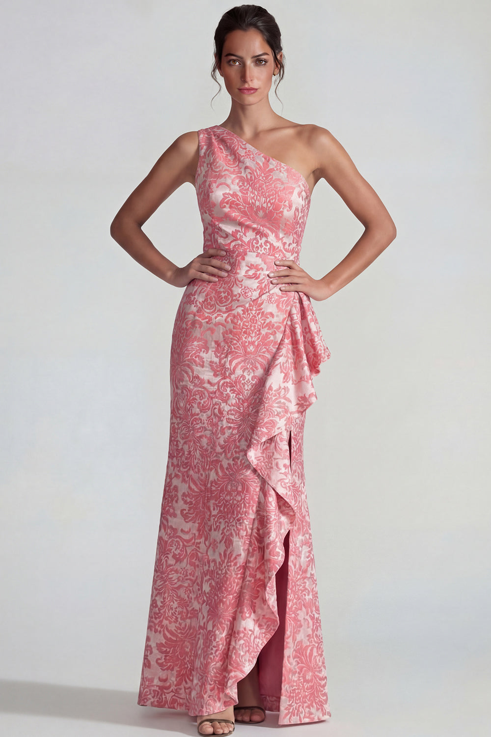 Blush Jacquard One Shoulder Rufffled Sheath Long Formal Dress with Slit