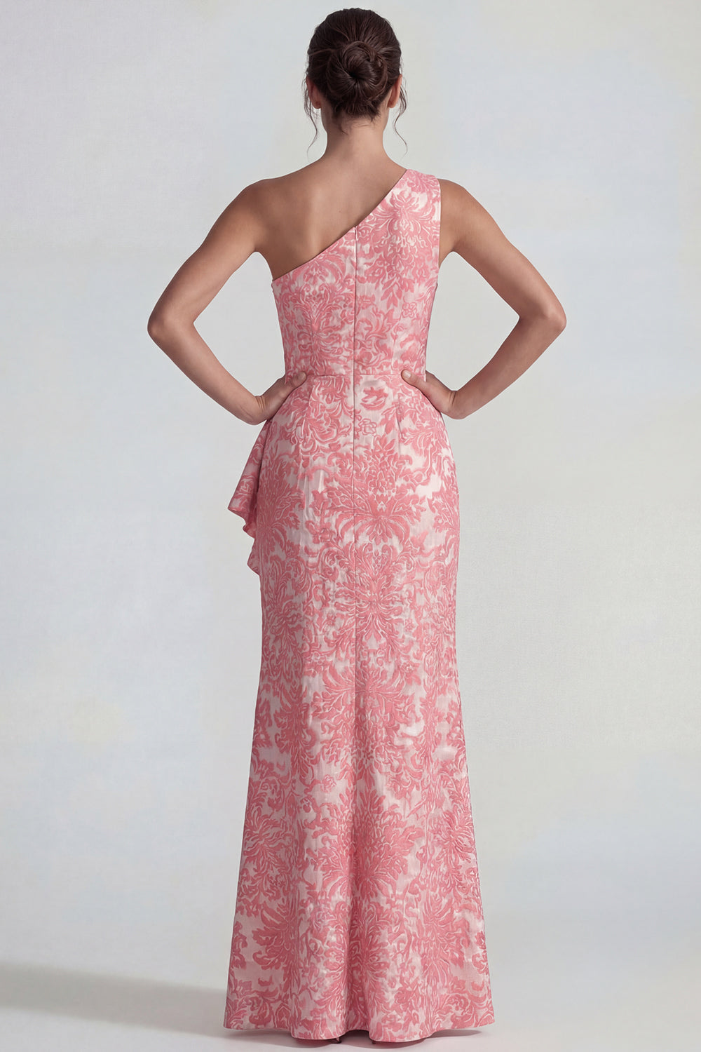 Blush Jacquard One Shoulder Rufffled Sheath Long Formal Dress with Slit