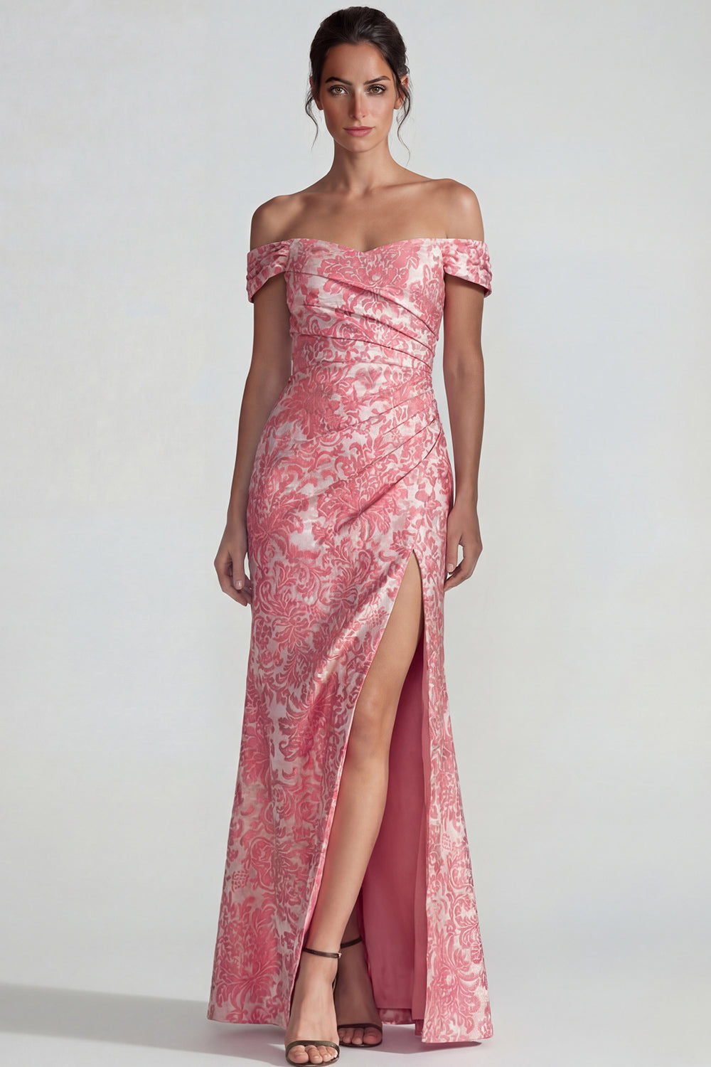 Blush Jacquard Off the Shoulder Ruched Sheath Long Formal Dress with Slit