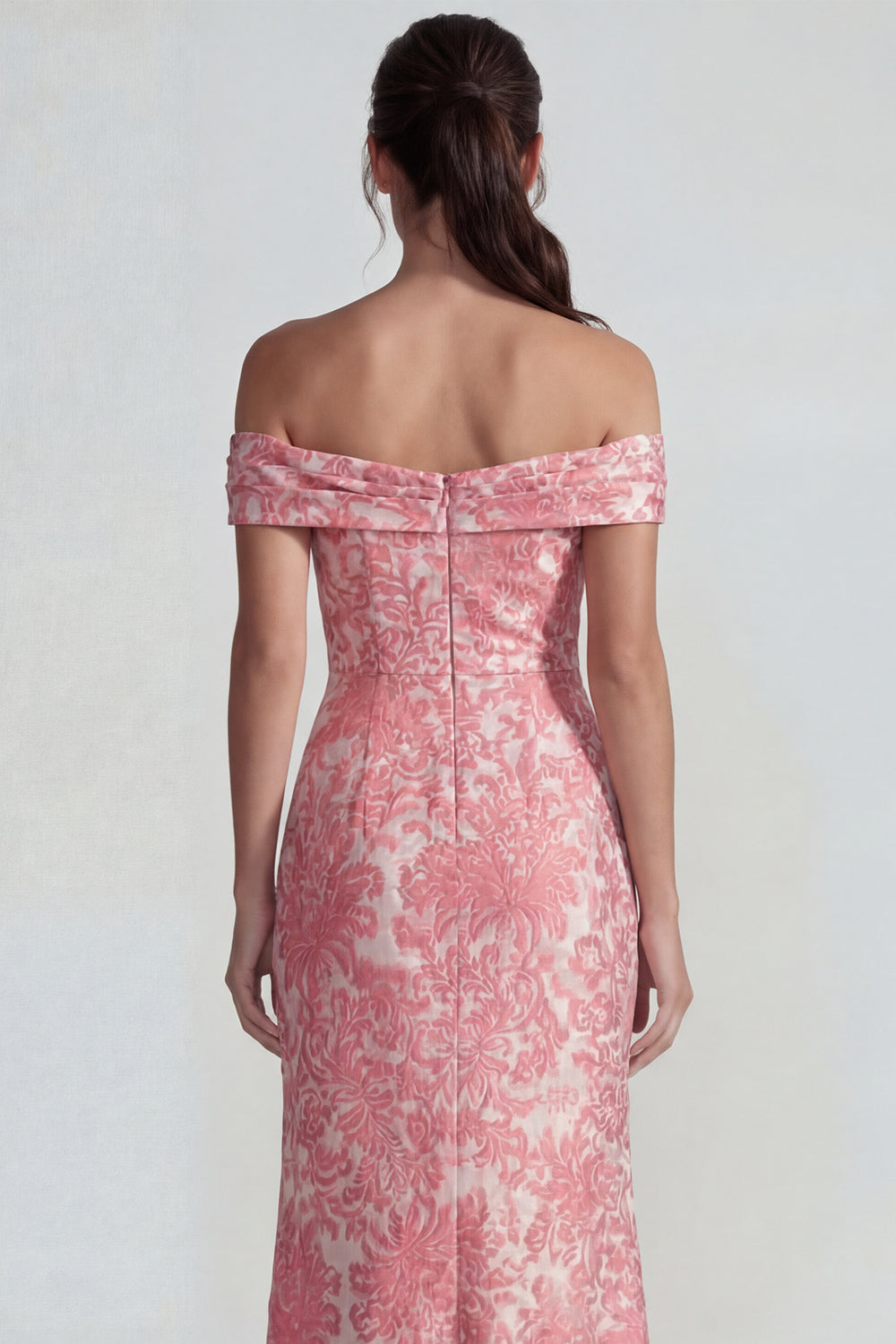 Blush Jacquard Off the Shoulder Ruched Sheath Long Formal Dress with Slit
