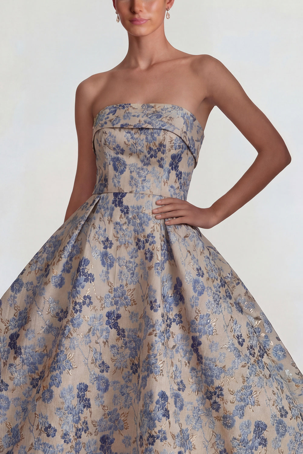 Grey Blue Jacquard Strapless A-Line Midi Dress with Back Zipper