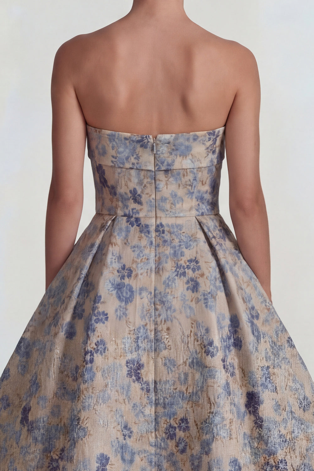 Grey Blue Jacquard Strapless A-Line Midi Dress with Back Zipper