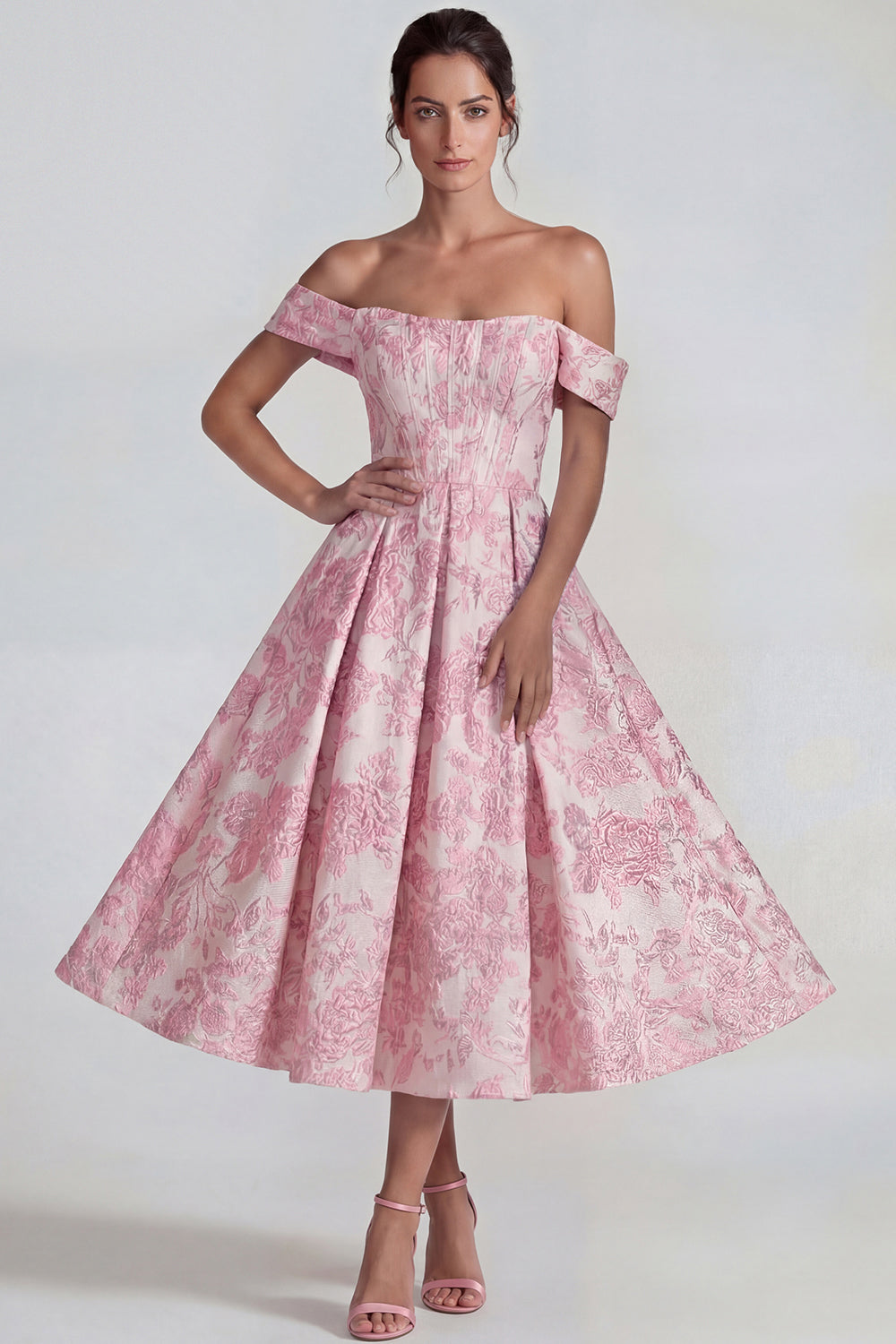 Robe midi trapèze bustier à épaules dénudées jacquard rose