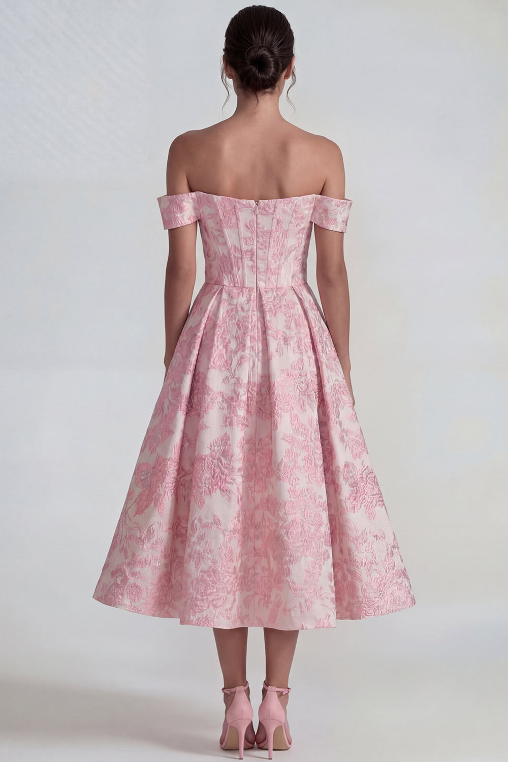 Robe midi trapèze bustier à épaules dénudées jacquard rose